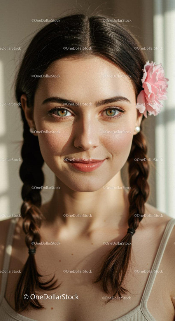 Portrait of a Young Woman with Braided Hair and Pink Flower Accessory