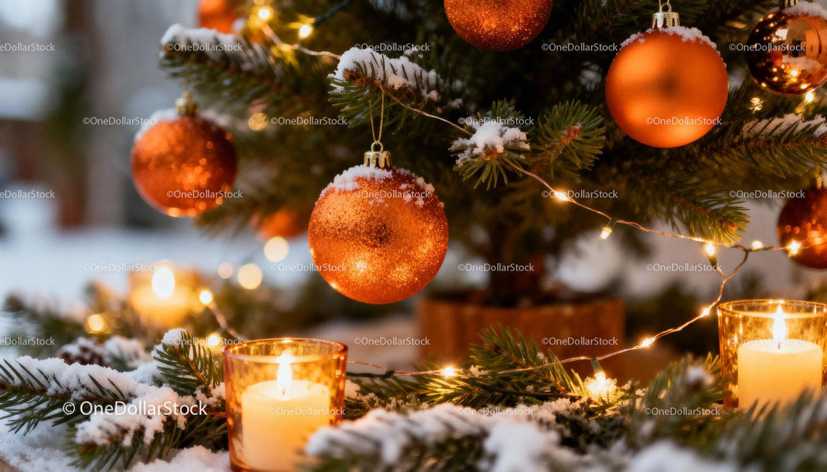 Cozy Christmas tree with orange baubles and candlelight
