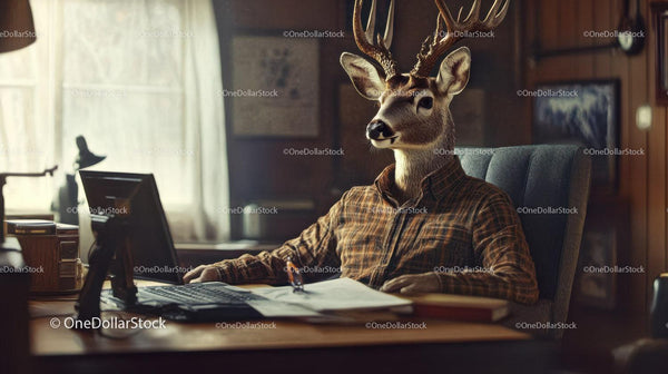 Deer With Antlers Wearing Plaid Shirt At Desk