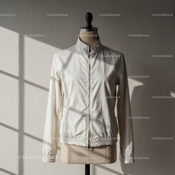 Minimalist white jacket on mannequin in soft sunlight JPG Mockup Image
