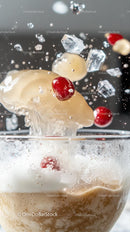 Splash of Milk with Ice Cubes and Red Berries in Glass
