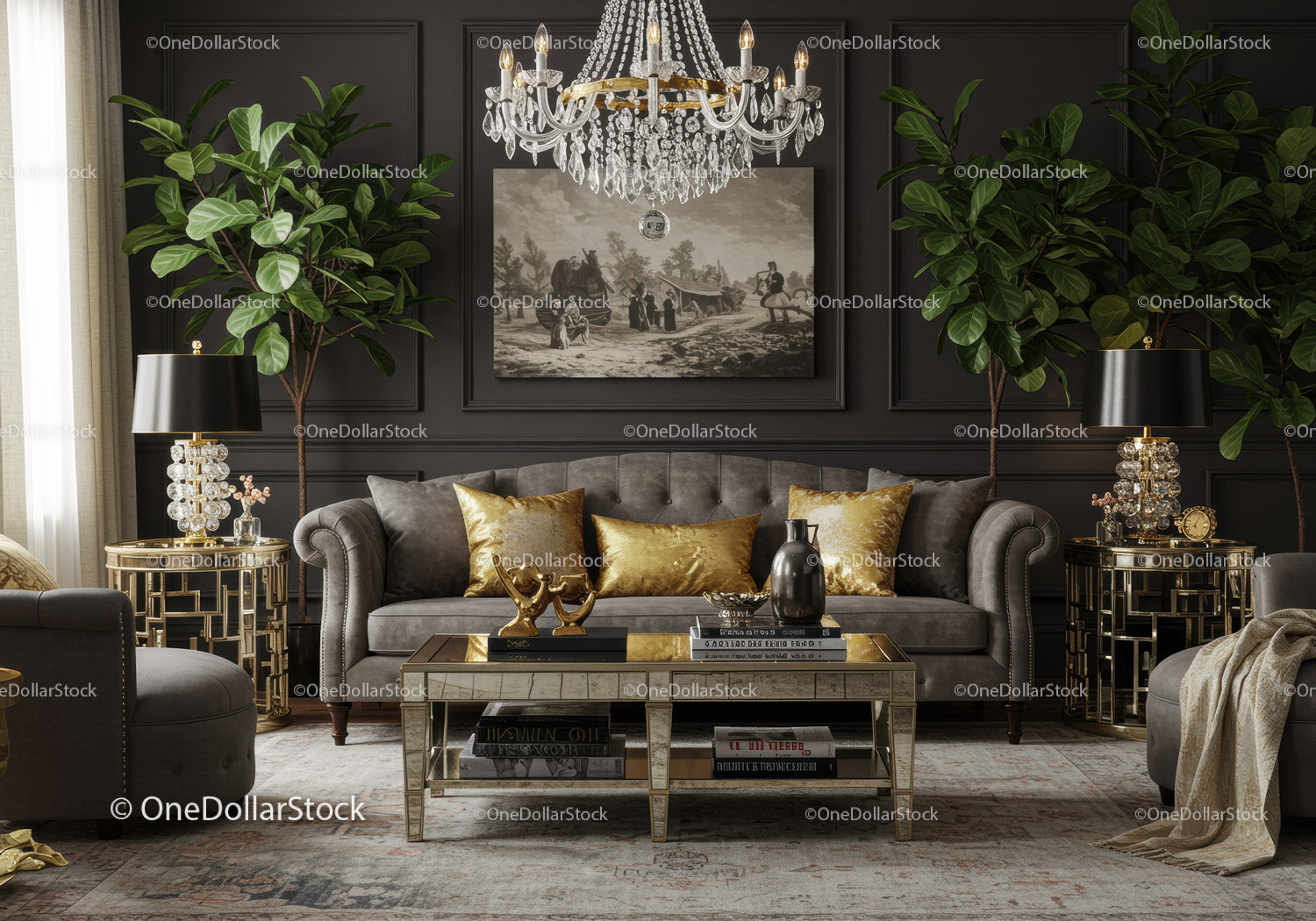 Elegant living room with gold accents and crystal chandelier