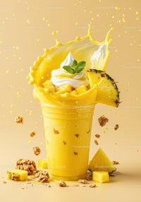 Refreshing pineapple smoothie with whipped cream and granola splash