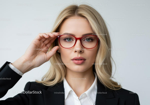 Pewna siebie bizneswoman w czerwonych okularach w profesjonalnym otoczeniu