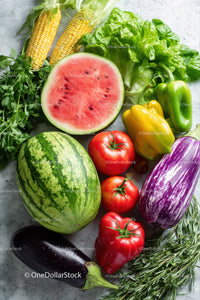 Fresh Assortment of Watermelon, Corn, Tomatoes, Eggplant and Bell Peppers