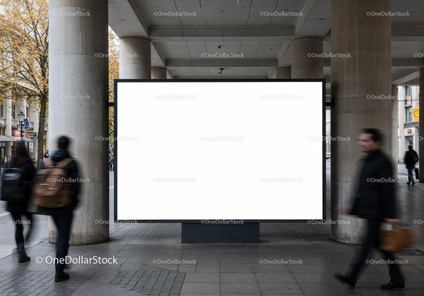 Urban blank billboard under concrete pillars with pedestrians JPG Mockup Image