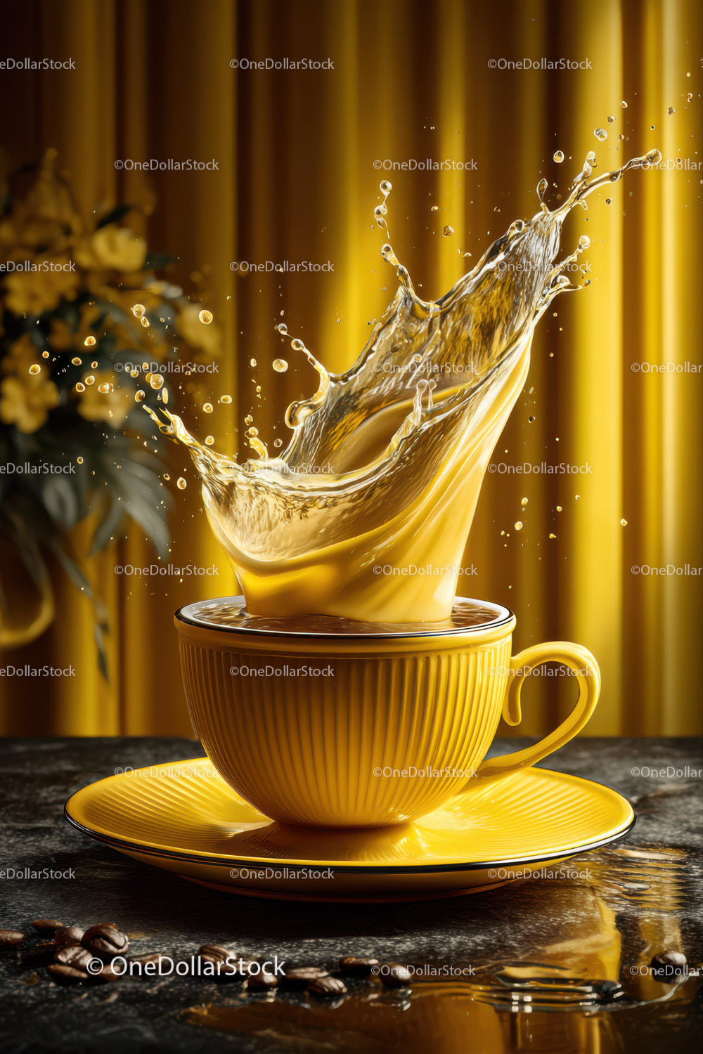 Yellow Coffee Cup with Splashing Hot Coffee and Golden Background