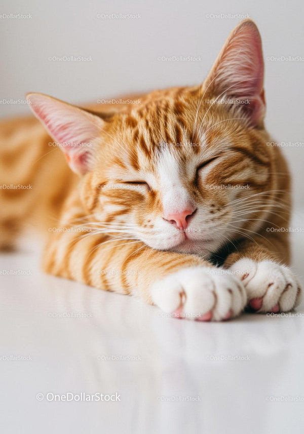 Sleeping orange tabby cat resting on smooth surface