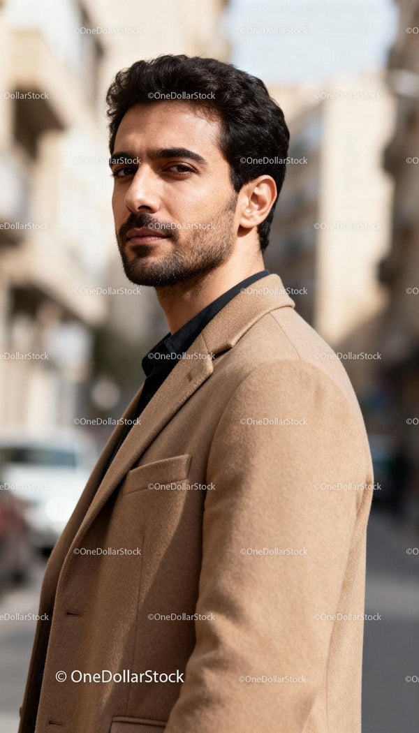 Confident young man in camel coat outdoors