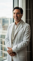 Confident Male Doctor in White Coat Smiling in Modern Hospital Office