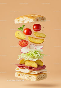 Fresh sandwich ingredients floating on beige background