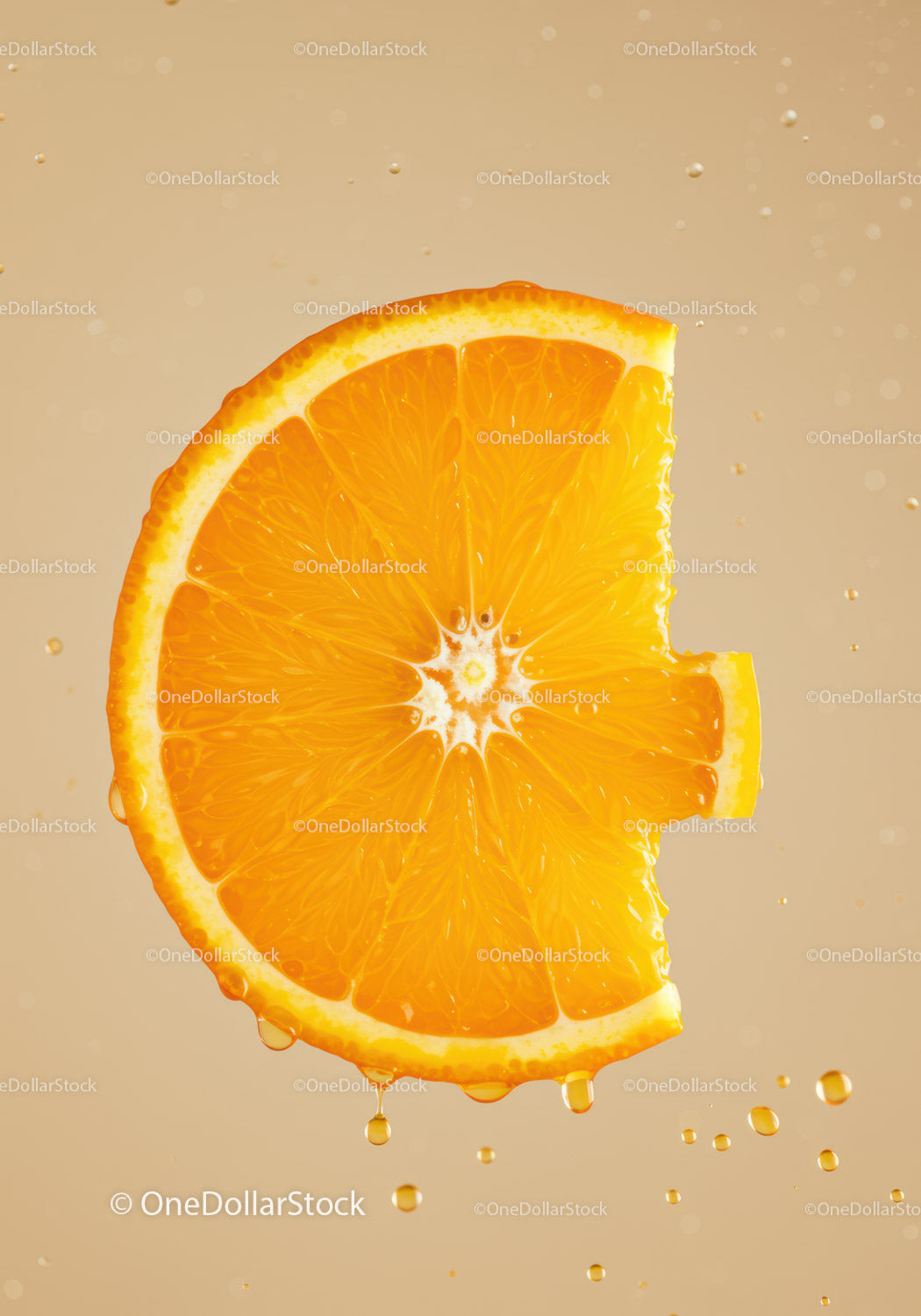 Juicy orange slice with fresh water droplets closeup