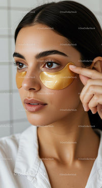 Young Woman with Dark Hair Wearing Under-Eye Patches for Skincare