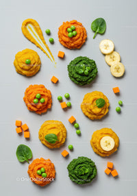 Colorful vegetable purees with fresh greens and banana slices