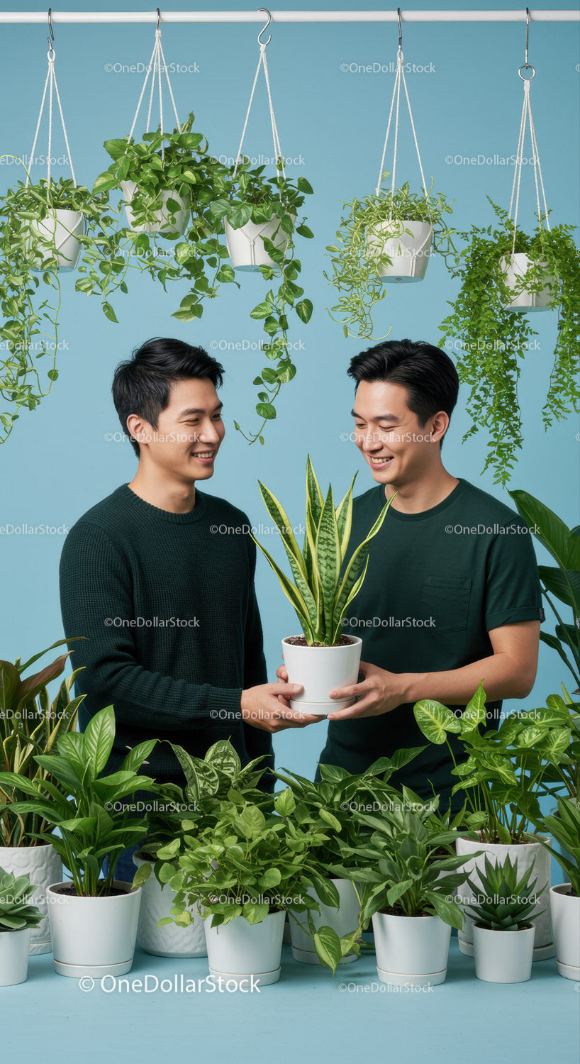 Two young men sharing indoor plants in bright room