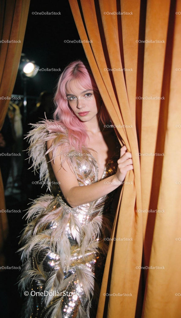 Model with Pink Hair in Feathered Gold Dress Behind Curtain