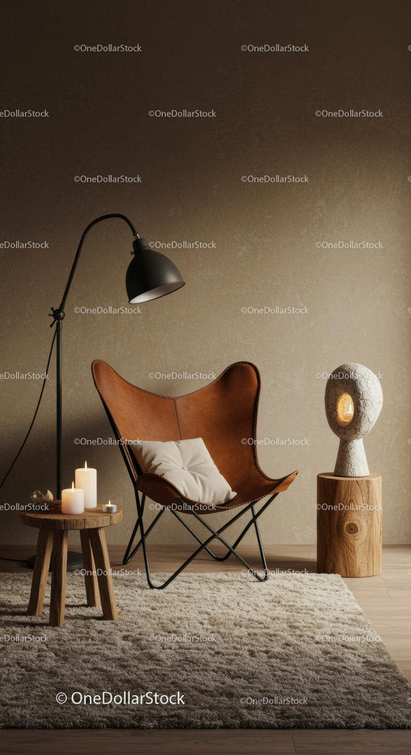 Cozy modern reading nook with leather chair and warm lighting