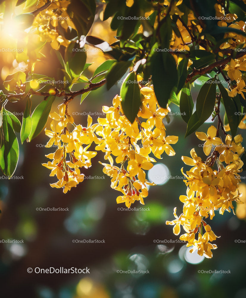Yellow Blossoming Tree Branch in Bright Sunlight