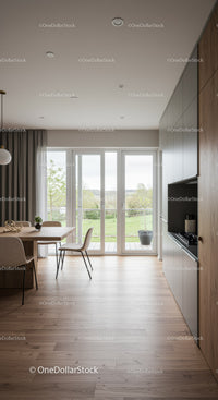 Modern dining room with large glass doors and natural light