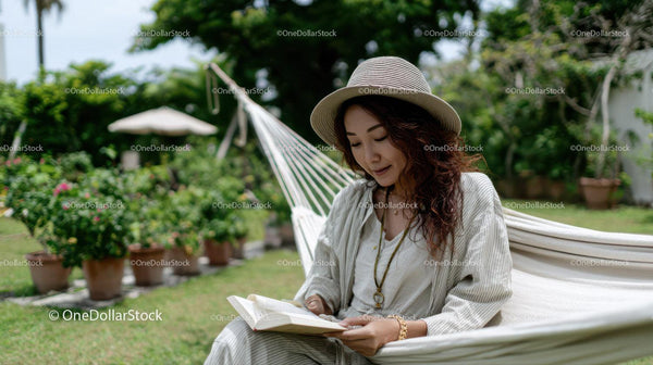 Relaxing Woman Reading Book in Hammock in Lush Garden