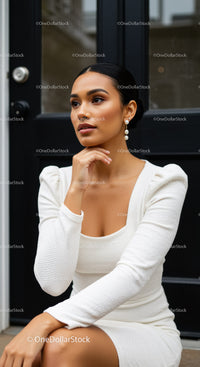 Elegant woman in white textured dress sitting outdoors