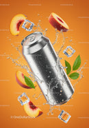 Refreshing canned drink with peach slices and ice cubes