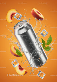 Refreshing canned drink with peach slices and ice cubes