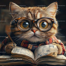 Cute Cat Wearing Glasses Reading a Book in Cozy Home