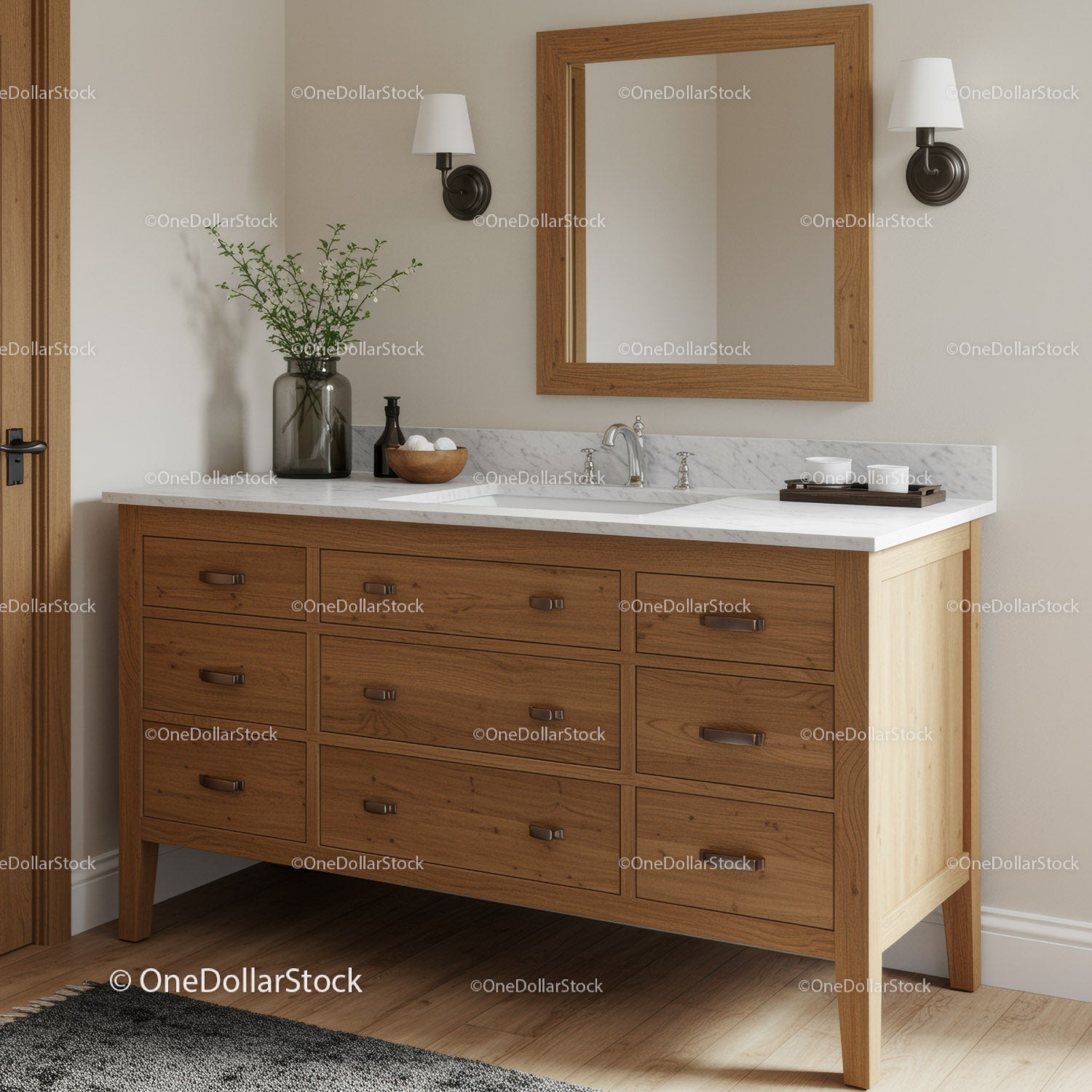 Modern Wooden Bathroom Vanity with Marble Top and Wall-Mounted Light Fixtures