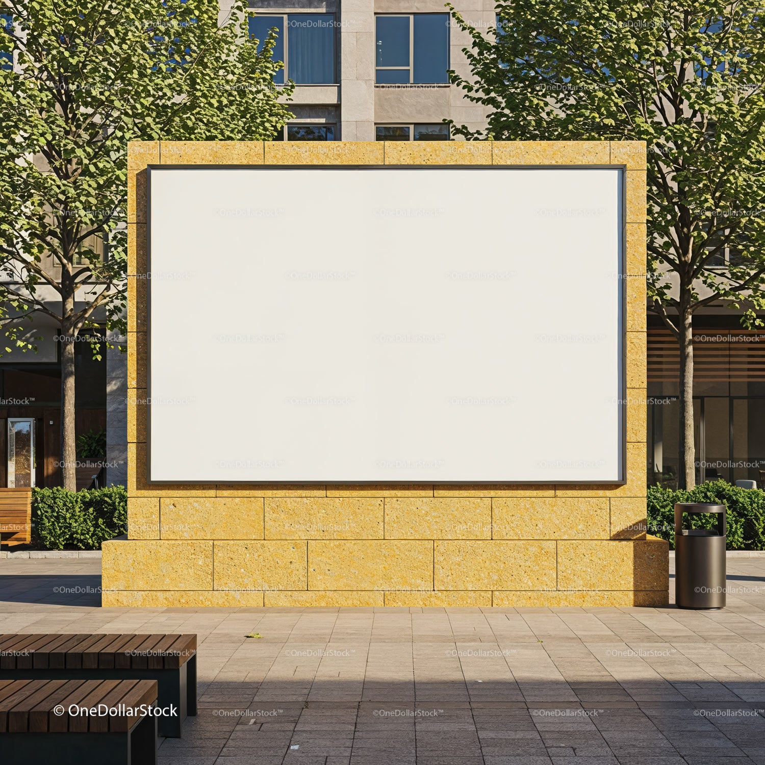 Empty outdoor billboard in urban park setting