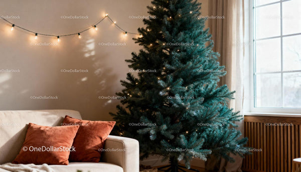 Cozy living room with unadorned Christmas tree and warm lights
