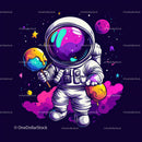 Colorful Astronaut Holding Ice Cream in Space with Galaxy Reflection