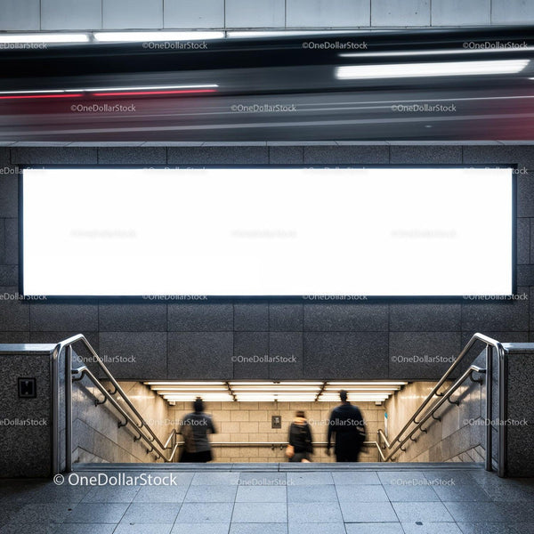 Commuters descending subway stairs under empty billboard JPG Mockup Image