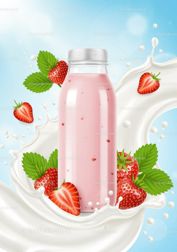 Butelka truskawkowego smoothie otoczona świeżymi jagodami