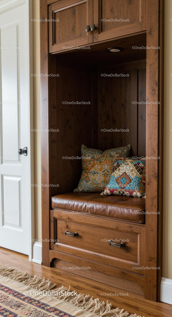Wooden Built-in Nook with Leather Seat and Colorful Cushions Interior Design