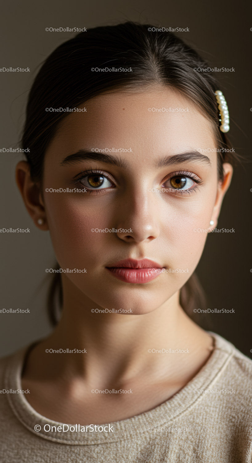 Close-Up Portrait of a Young Woman with Brown Eyes and Pearls