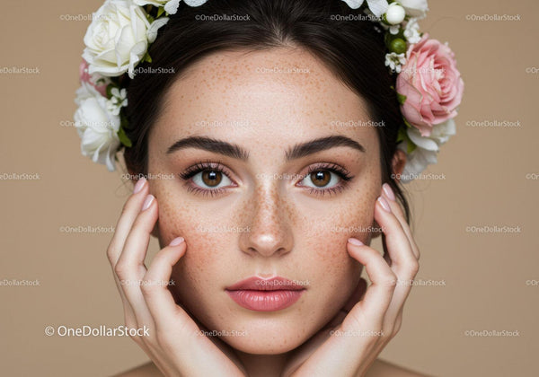 Portrait of a Woman with Freckles and Floral Headpiece