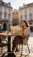 Smiling woman explores city streets with map and coffee