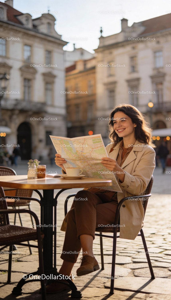 Uśmiechnięta kobieta odkrywa ulice miasta z mapą i kawą