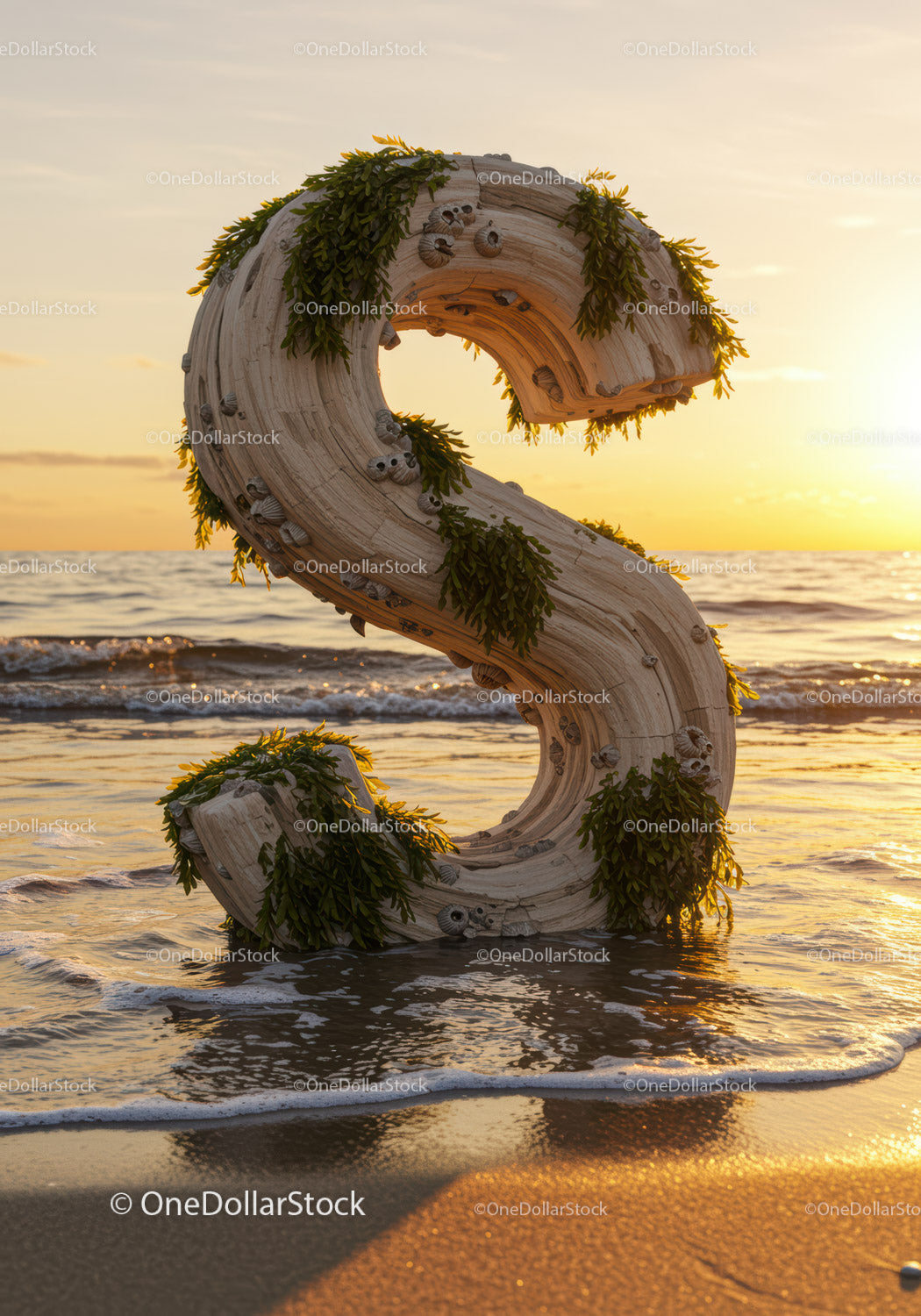 Wooden Letter S with Seaweed at Sunset Beach