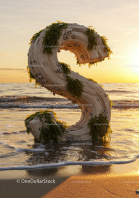 Wooden Letter S with Seaweed at Sunset Beach