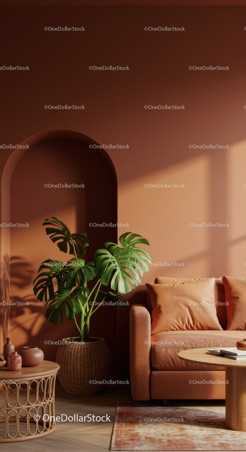 Nowoczesny salon z rośliną Monstera i przytulną sofą