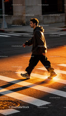 Man walking on city street at golden hour