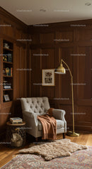 Cozy reading nook with tufted armchair and warm lighting