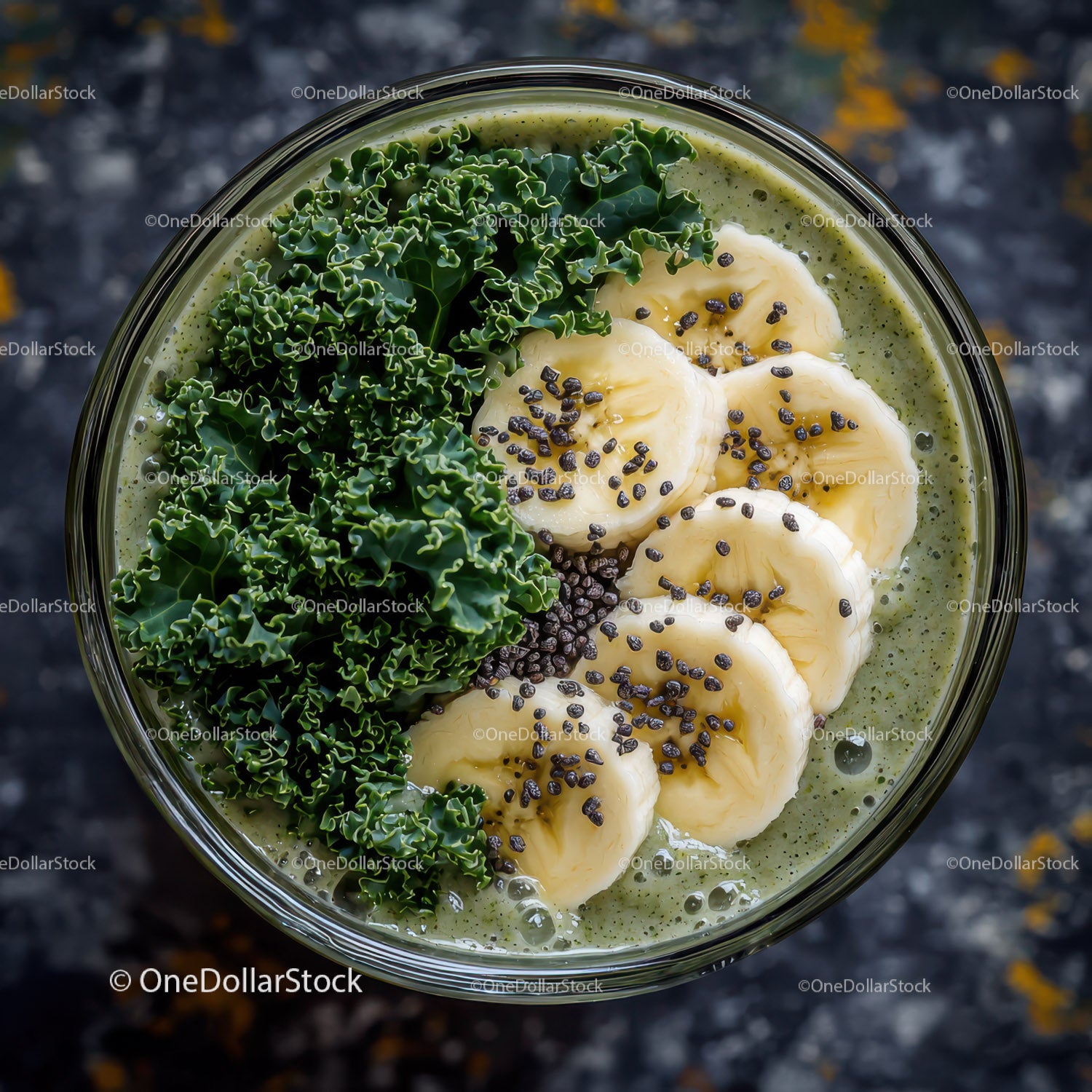 Kale and Banana Green Smoothie with Chia Seeds in Glass