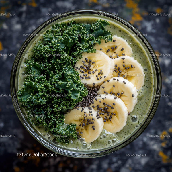 Kale and Banana Green Smoothie with Chia Seeds in Glass