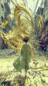 Stylish Woman Walking Through Colorful Swirling Abstract Urban Scene