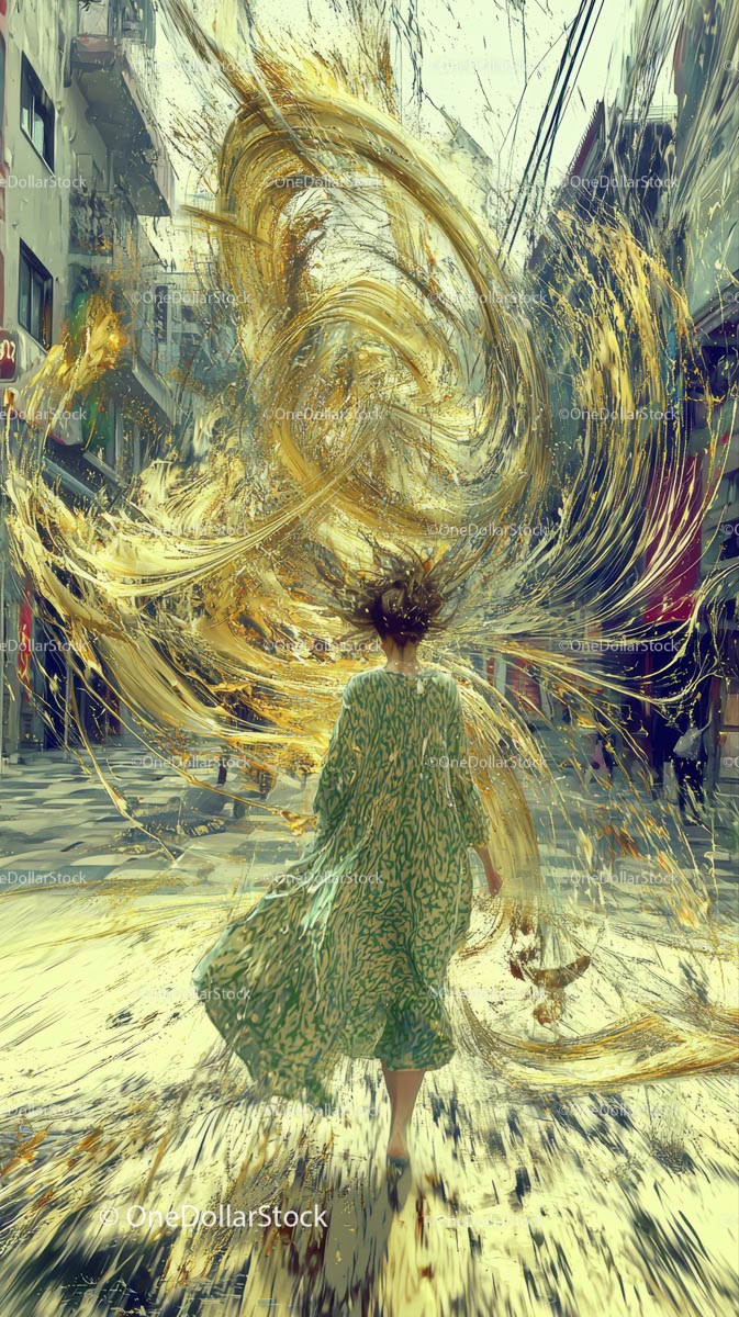 Stylish Woman Walking Through Colorful Swirling Abstract Urban Scene
