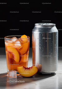 Refreshing iced peach drink with silver can on dark background