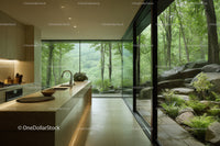 Modern Kitchen with Floor-to-Ceiling Glass Windows Overlooking Green Forest